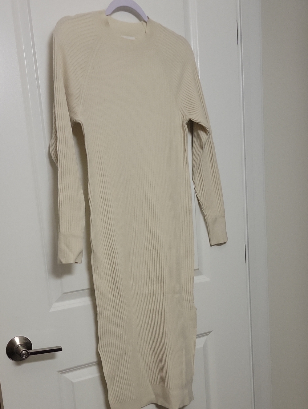 Long Sleeve Ribbed Midi Dress in Cream